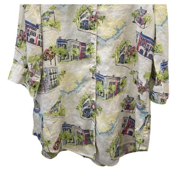 Chicos Womens ButtonShirt Size 2 (L) Linen Scenic Print 3/4 Sleeves Lightweight - Picture 4 of 6